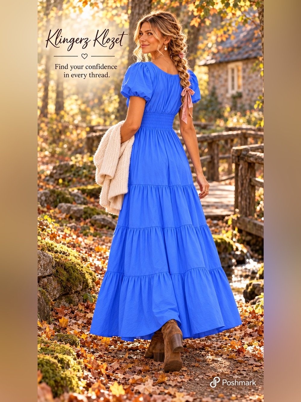 Quince 100% Organic Cotton Tiered Maxi Dress in Cornflower Blue, size large